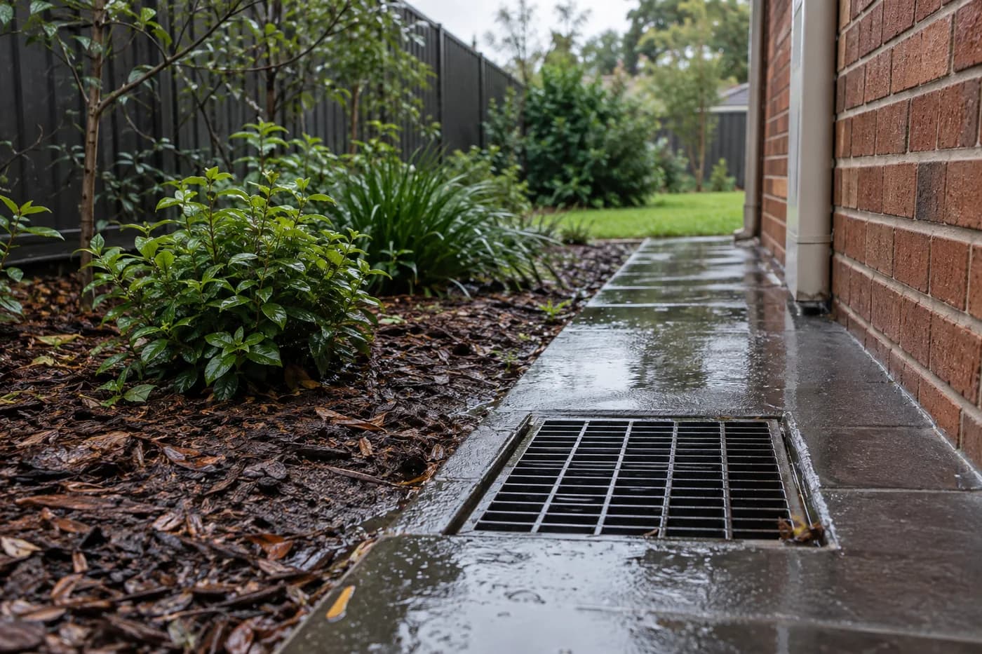 Stormwater channel grate beside a wet paved path and brick house