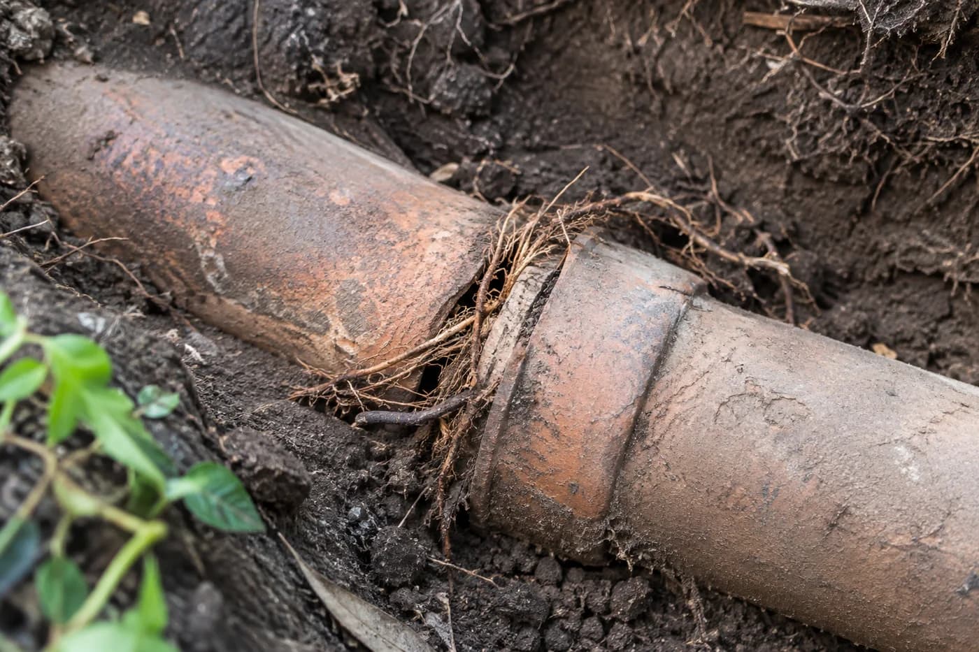 Tree roots entering a damaged clay drain pipe exposed in garden soil