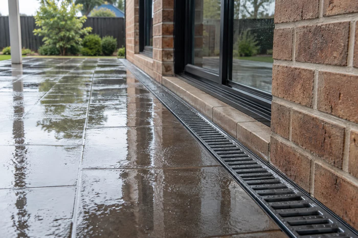 Grated channel drain beside a rain-wet paved patio